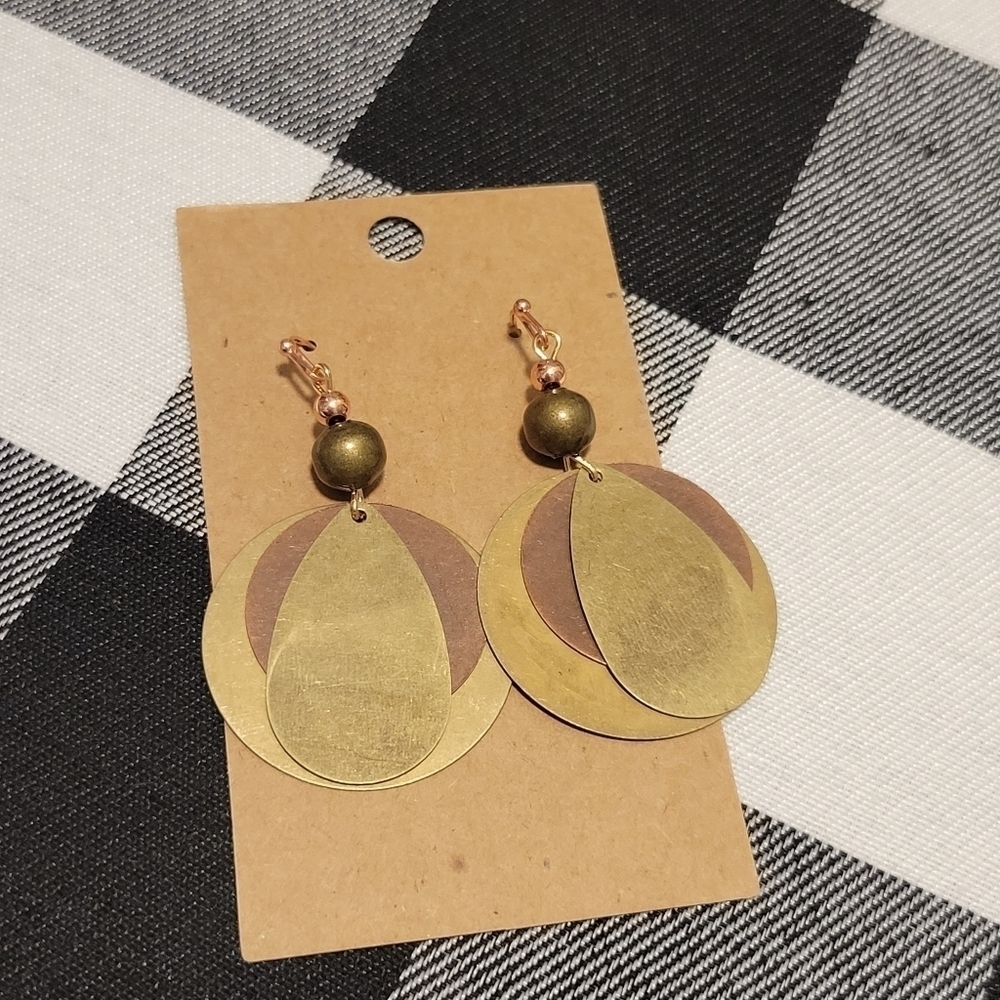 Handmade 2 1/2" smooth metal, circle & teardrop dangle earrings gold & bronze